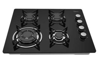 כיריים גז 4 להבות זכוכית שחורה 60 ס"מ כפתורי צד MIDEA דגם 60GL403-B