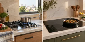 השוואה חזותית בין כיריים גז עם להבה לכיריים אינדוקציה מזכוכית